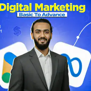 Digital marketing expert smiling in a suit at technology seminar, Rahian Hussain promoting online marketing courses.